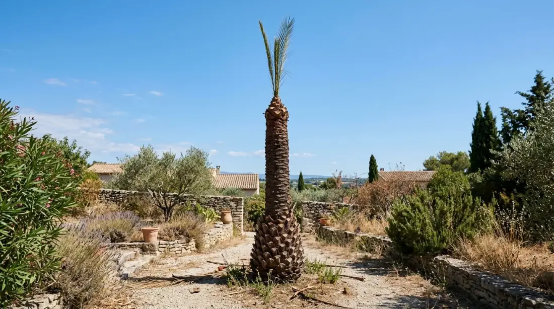 Palmiers Phoenix sur-taillés en cure-dent / ananas — petit plumeau au sommet et long tronc dénudé, exemple de mauvaise taille à éviter